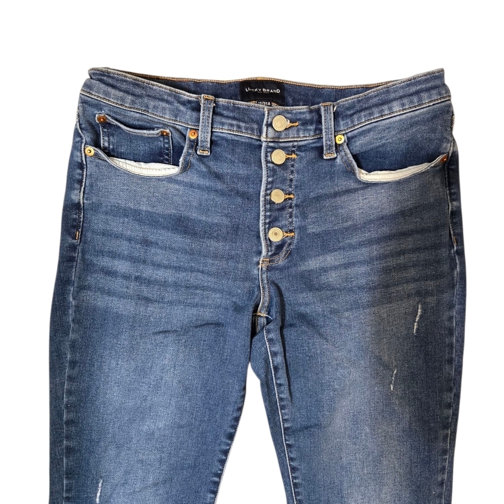 Lucky Brand Sweet Boot Jeans Mid Rise Distressed Medium Blue Size 31 Button Fly - Picture 6 of 12